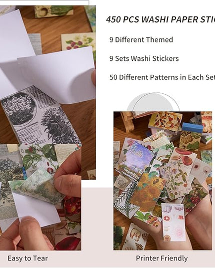 9 Sets 450 Sheets Washi Stickers for Journaling, Plants Fruit Flowers Butterfly Shell Boho Stickers Vintage Aesthetic Scrapbook Sticker for Bullet Journal Art Diary Card Craft Gifts Planner Notebook