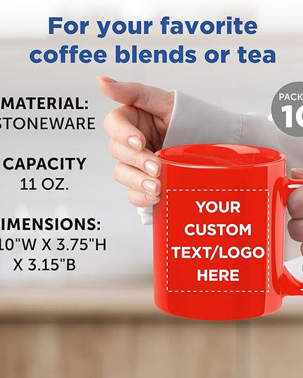 Custom Ceramic Coffee Mugs 11 oz. Set of 10, Personalized Bulk Pack - Coffee cup set, Iced coffee cup, Gaming mug - Red