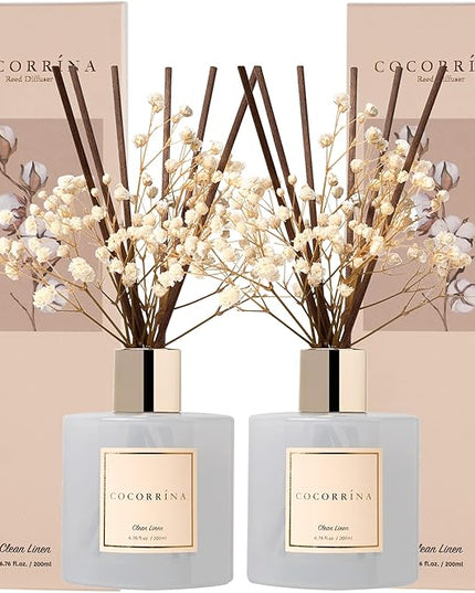 Cocorrína Reed Diffuser Set, 6.7 fl.oz Clean Linen 2 Packs Scented Diffuser with Sticks Home Fragrance Reed Diffuser for Bathroom Shelf Decor
