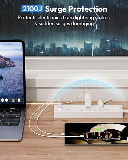 15 ft Extension Cord Flat Plug Power Strip, NTONPOWER 2100 Joules Surge Protector with 12 Outlet 3 USB Port, 1875W/15A, Overload Protection, Long Cord Wall Mountable for Home Office Accessories, White