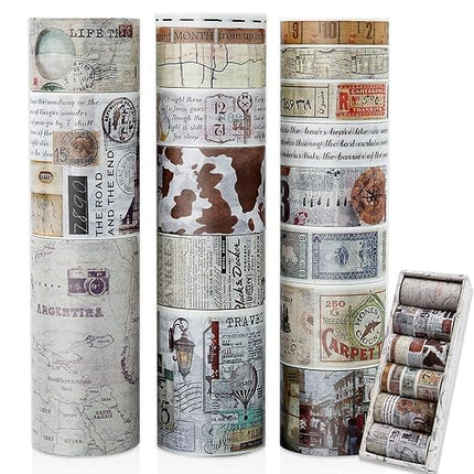 18 Rolls Vintage Washi Tape Set, Newspaper Building Map Retro Masking Tape 5/10/15/20/25/30/50/75mm Wide 6.56ft Long Decorative Scrapbook Tape for journaling, Scrapbooking Supplies, Junk Journal Craft