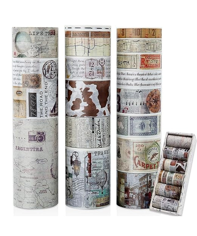 18 Rolls Vintage Washi Tape Set, Newspaper Building Map Retro Masking Tape 5/10/15/20/25/30/50/75mm Wide 6.56ft Long Decorative Scrapbook Tape for journaling, Scrapbooking Supplies, Junk Journal Craft