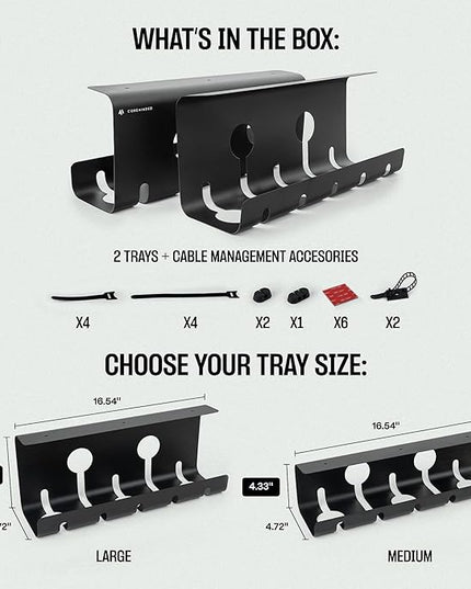 No-Drill Under Desk Cable Management Tray - 2-Pack Wire & Cord Organizer - Standing Desk Cable Management - Power Strip Holder - M