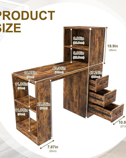 KEIKI Computer Desk with Hutch and 3 Drawers, 4-Tier Storage Shelves, Office Desk with Storage and Integrated 4-in-1 Charging Station, Brown