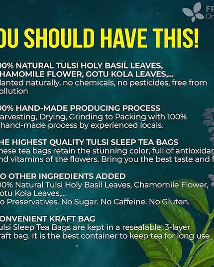 FreshDrinkUS, Tulsi Sleep Tea Bags | 75 Tea Bags | Herbal Blend with Tulsi Holy Basil, Chamomile, Gotu Kola, Ashwagandha & Peppermint | Naturally Caffeine-Free, Relaxing Evening Herbal Tea. Vegan