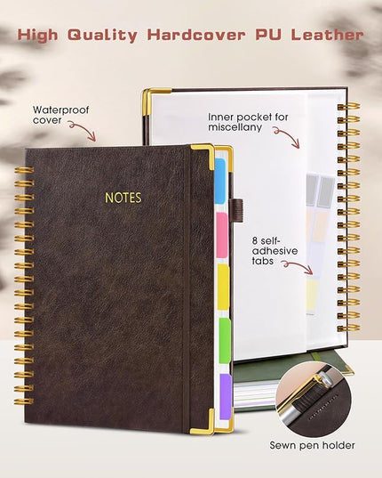 Hardcover Spiral Notebook Journal with Removable Dividers Tabs, 300 Pages Leather 5 Subject Notebook College Ruled, 8"x10" Large B5 Notebooks for Work School Note taking, Lined Journal for Men,Brown