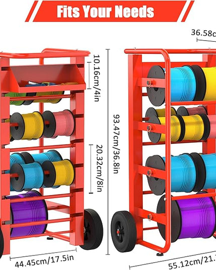 Tredre Red Wire Spool Rack with Wheels, Heavy Duty Cable Holder with 11 Rods – Mobile Multi-Spool Wire Rack Dispenser with Wheels and Storage Box for Efficient Workplace Cable Management