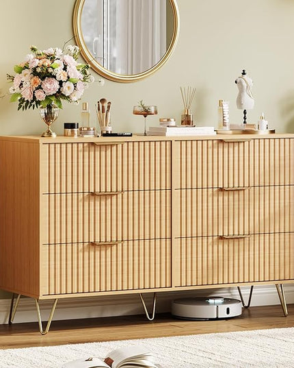 Garvee Fluted Dresser for Bedroom with 6 Drawers,47" Wide Modern Chest of Wooden Bedroom Chest with Metal Handle,Clothes Storage Organizer,Closet Dresser & TV Stand for Living Room,Hallway,6&Natural