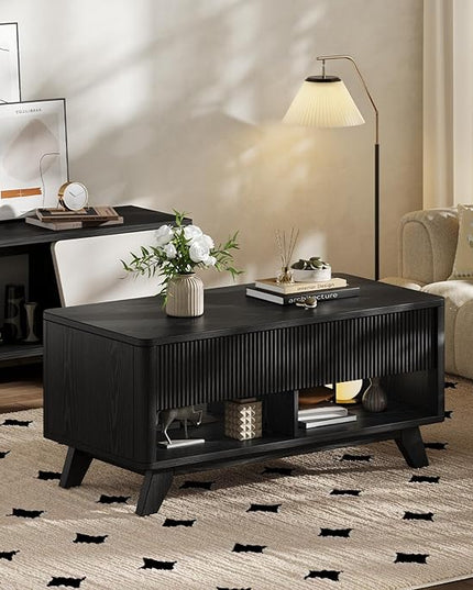 ONBRILL Farmhouse Lift Top Coffee Table, Mid Century Modern Coffee Table with Hidden Storage Compartment, Fluted Rising Pull up Wood Modern Center for Living Room, Office, Black
