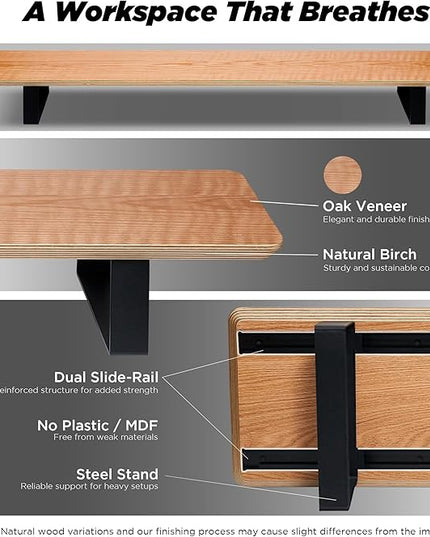 Moodular Wooden Monitor Stand 45.6” (116cm) Large Desk Organizer with Metal Slide Rails for Drawer, Tray, Laptop, Tablet, Phone & Headphones Customizable Riser for Organized Workspace Oak