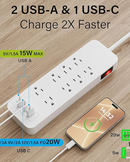 Elecan Surge Protector Power Strip 4 Ft Extension Cord, 8 Widely Spaced Outlets with 2 USB-A&1 USB-C PD 20W Charging Station, Flat Plug Wall Mountable Multi Outlet Extender, 14AWG 2450J/125V,ETL-White