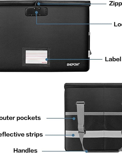 ENGPOW File Box with Lock,Fireproof Document Box with Zipper＆Pockets,Collapsible File Organizer Filing Storage Cabinet with Handle,Portable Home Office Safe for Hanging Letter/Legal Folder,Black