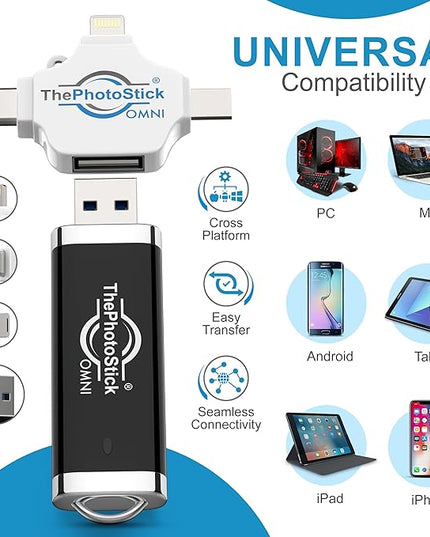ThePhotoStick® Omni 128GB USB Flash Drive & Memory Stick – Photo & Video Backup for iPhone, Android, Mac & PC – Multiport Connection to Easily Store & Transfer Files
