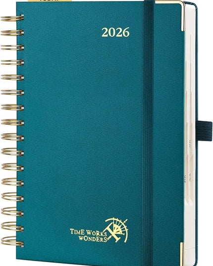 POPRUN 2026 Daily Planner One Page A Day - [8.5" x 5.75" Wire-Bound Hard Cover] Agenda 2026 Hourly Appointment Book with Monthly Calendar, Inner Pocket, Ivory Paper - Pacific Green