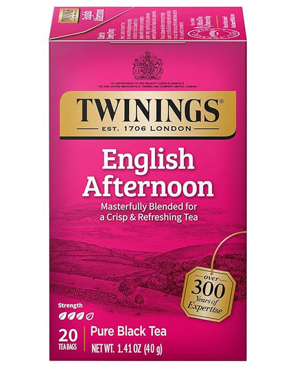 Twinings English Afternoon Black Tea Individually Wrapped Bags, 20 Count (Pack of 1), Smooth & Slightly Sweet, Caffeinated, Enjoy Hot or Iced, 20 Teabags