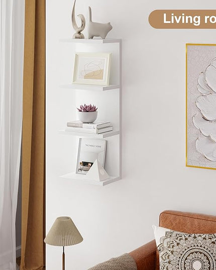 Fun Memories 4 Tier Wall Shelf Unit, Vertical Floating Shelf, Wall Mount Lack Shelving Home Decor Organizer Tall Tower Design Utility Shelving for Bedroom Living Room, White