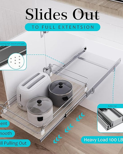 Pull Out Cabinet Organizer 15" W X 22" D, Slide Out Drawers For Kitchen Organizers and Storage, Pull Out Drawers For Cabinets Capacity Heavy Duty Caddy, Cabinet Shelves Wood Chrome, Pantry Storage