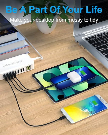 USB Charging Station, Ziwodiv 8-Port 60W/12A Charger Station, Multi Ports USB-A Charging Hub with LED Display, Compact Desktop Charger for Multiple Devices, iPhone iPad Samsung Android and Tablet