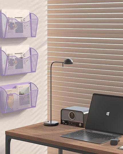 EasyPAG 3 Single Pocket Wall File Organizer, Mesh Hanging File Folder Organizer for Letter/A4 Size Folders, Wall Mounted Vertical Mail Holder for Paperwork, Office, Home, School, Purple
