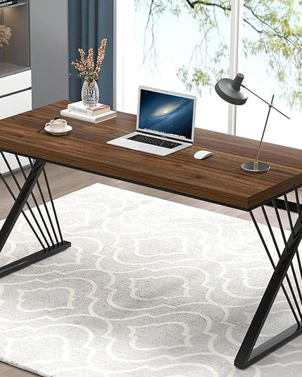 FOLUBAN Office Desk, Modern Wood and Metal Home Desk, Writing Study Work Desks for Bedroom, Industrial PC Gaming Table for Living Room, Walnut, 60 Inch