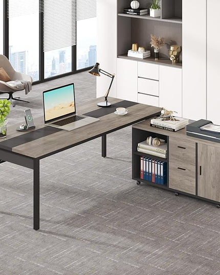 Tribesigns 70.8" Large Executive Office Desk and 47" Lateral File Cabinet Combo, L-Shaped Computer Desk Business Furniture with Drawers and Shelves, Home Office Workstation, Grey & Black