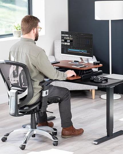 VIVO 26 inch Desk Converter, K Series, Height Adjustable Sit to Stand Riser, Dual Monitor and Laptop Workstation with Keyboard Tray, Dark Walnut Top, Black Frame, DESK-V026KA