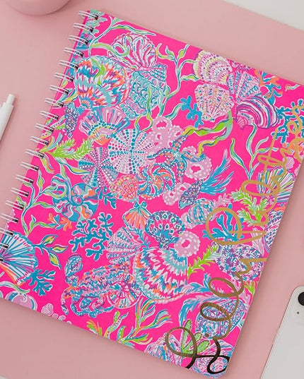 Lilly Pulitzer Large Pink Hardcover Spiral Notebook, 11" x 9.5" with 160 College Ruled Pages, Shell Me Something Good