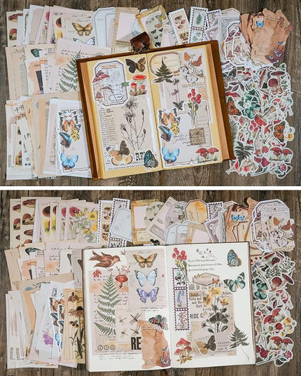 Knaid Vintage Scrapbook Supplies Pack (200 Pieces) for Junk Journal Bullet Journals Planners Botanical Paper Stickers Craft Kits Aesthetic Cottagecore Collage Album (Nature)