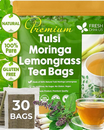 FreshDrinkUS, Premium 30 Tea Bags Tulsi Moringa Lemongrass, 100% Natural & Pure from Tulsi Holy Basil Leaves, Moringa & Lemongrass. Made with Natural Material Tea Bags. No Sugar, No Caffeine, Vegan.