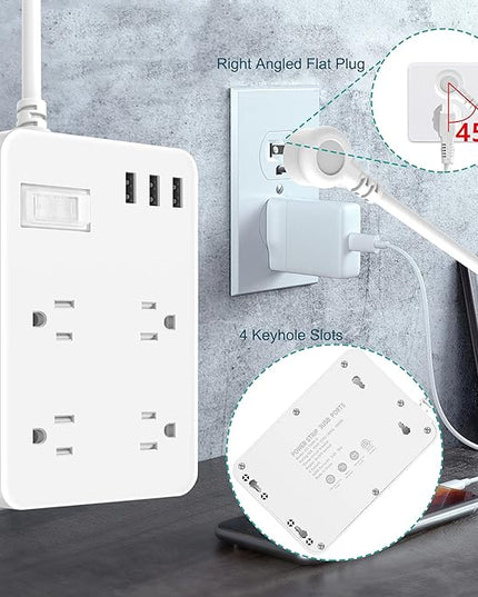 Jgstkcity Outdoor Waterproof Power Strip, 4 Flat Plug Outlets and 3 USB Ports, Mountable Weatherproof Surge Protector, Multi Outlet Extension for Camping, Garden, Kitchen, Bathroom, 6ft Cord (White)
