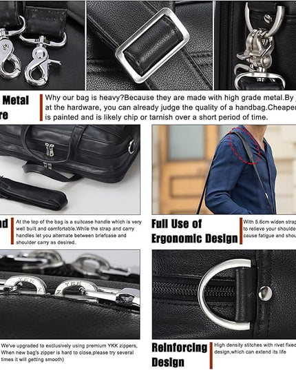 Masa Kawa Leather Briefcase for Men 15.6", 17" Laptop Computer Case Business Travel Work Messenger Cross Body Shoulder Bag