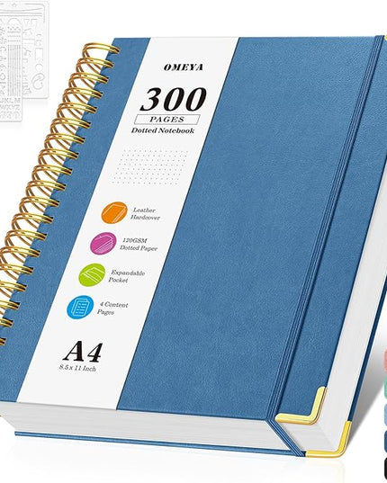 Bullet Dotted Journal Spiral Notebook, 300 Pages Leather Notebooks with Contens, 120 GSM Thick No Bleed Through Paper Journals, A4 Dot Grid Notebook for Women Men Work Writing, 8.5" x 11", Dark Blue