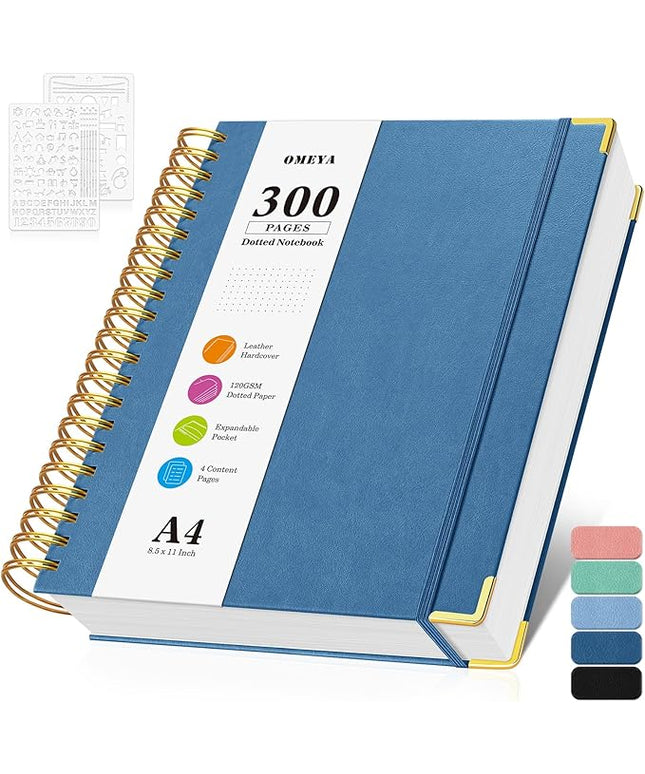 Bullet Dotted Journal Spiral Notebook, 300 Pages Leather Notebooks with Contens, 120 GSM Thick No Bleed Through Paper Journals, A4 Dot Grid Notebook for Women Men Work Writing, 8.5" x 11", Dark Blue