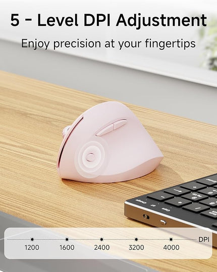 Q7 Vertical Ergonomic Mouse, Wireless Bluetooth Mouse (BT5.0/3.0+2.4G), 5-Level Adjustable DPI up to 4000, Quiet clicks, Multi Devices Computer Mouse for Laptop/PC/Mac-Pink