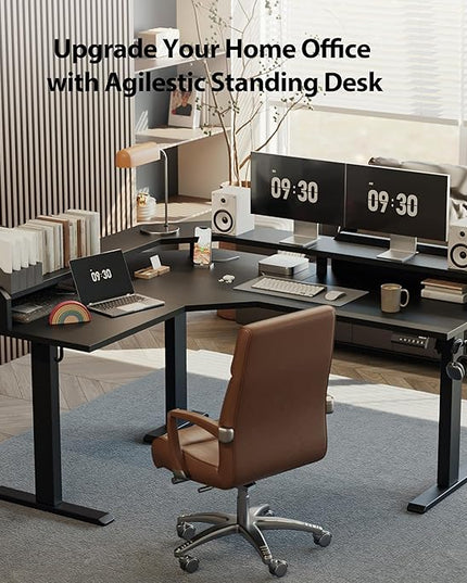 Agilestic L Shaped Standing Desk, Adjustable Height Corner Gaming Desk with Shelf, Sit Stand Up Desk, 63 x 55 Inch Home Office Computer Table, Black