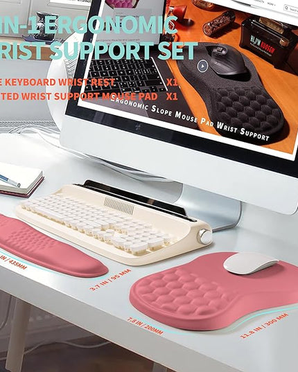 2-in-1 Ergonomic Set, Wave Rise Keyboard Wrist Rest and Massage Bulge Slope Mouse Pad Wrist Support, Cushion Memory Foam Integrated to Relieve Wrist Pain, Muskmelon Pink