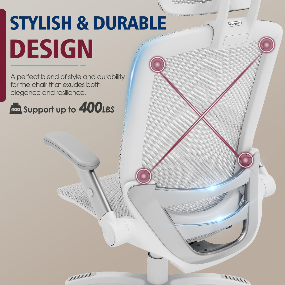 GABRYLLY Ergonomic Office Chair, High Back Home Desk Chair with 2D Flip-Up Arms, 3D Headrest, 90-120° Tilt and Wide Cushion, Big and Tall Mesh Chairs for Man Woman, Computer Task Chair Light Grey