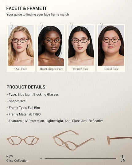 TIJN Olisa Blue Light Blocking Glasses for Women Men,Oval Glasses Frame Bluelight Glasses for Gaming/Computer/Screen