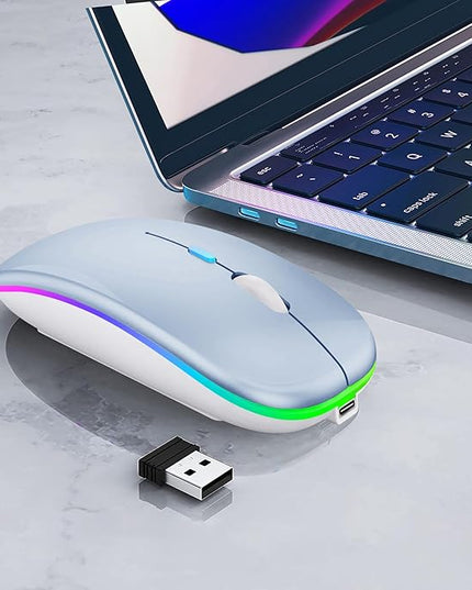 Wireless Bluetooth Mouse Rechargeable Laptop Mice with LED Lights Silent Slim Use(BT5.2 and 2.4G Portable USB) Dual Mode Computer Mouse for Laptop/iPad/Tablet/Apple/Computer/Mac (Blue)