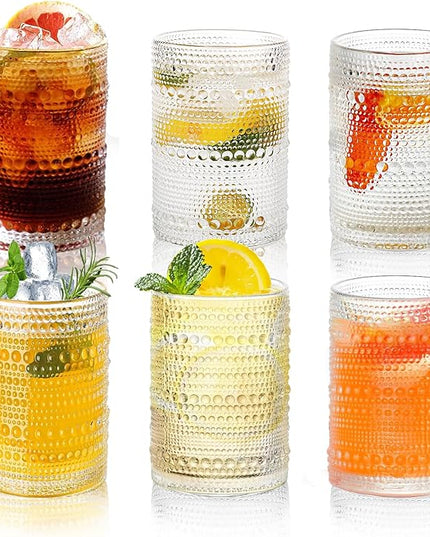 Hobnail Drinking Glasses Set of 6, 16 Oz Vintage Embossed Glass Cup Water Glasses Kitchen Glassware for Cocktails, Beer, Juice, Whiskey
