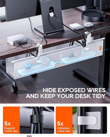 Under Desk Cable Management Tray No Drill, Cable Ties Included, Eco-Friendly Canvas Material, Mesh Design for Heat Dissipation, Cable Organizer/Storage for Standing Desk(27inch, White)