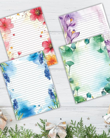 PARTH IMPEX 56 Sheets Watercolor Floral Lined Writing Paper 8.5x11 - Letter Size Ruled Stationery Letterhead Printer Paper - 120gsm Thick Decorative scrapbooking Colored Antique Aged Flowers Design