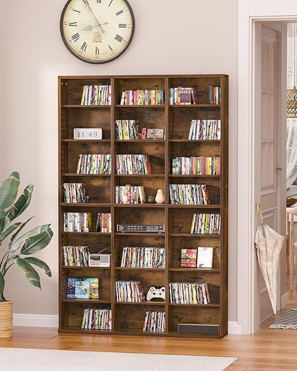 LELELINKY 8 Tier Tall Display Cabinet, Brown Media Storage Cabinet with Adjustable Shelves, Free Standing DVD Organizer Shelf, Floor Multimedia Storage Manga Bookshelf for Living Room & Home Office.
