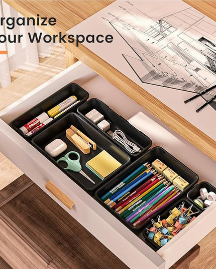 A-LuGei 【𝟮𝟴𝗣𝗖𝗦】 【𝟱𝗦𝗶𝘇𝗲】 Black Drawer Organizer, Makeup organizer, 【Holds 177 Items】 Bathroom Organizers and Storage, Plastic Desk Organizer Divider, Organizer Bins for Office Vanity