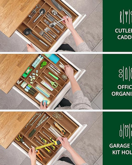 ROYAL CRAFT WOOD Luxury Bamboo Kitchen Drawer Organizer - Silverware Organizer - Utensil Holder and Cutlery Tray with Grooved Drawer Dividers for Flatware and Kitchen Utensils (9 Slot, Brown Bamboo)