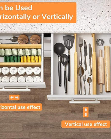 BAMEOS 4 PCS Bamboo Drawer Divider Adjustable Drawer Dividers Kitchen Drawer Organization Utensil Organizers for Kitchen Dresser Bathroom Bedroom and Office