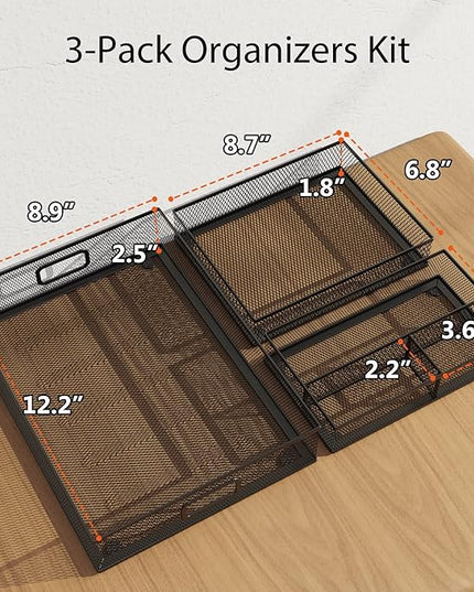 Desk Drawer Organizer Set, 3 Pcs Metal Mesh Office Drawer Organizers, Paper Organizer Letter Tray for Desk, Junk Drawer Organizer for Office, Kitchen, Makeup, Vanity