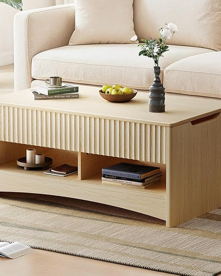 Marsail Lift Top Coffee Table with Open & Hidden Storage, Modern Fluted Coffee Table with Smooth Lift Mechanism, Sturdy Space-Saving Center Table for Home Living Room, Office, Oak