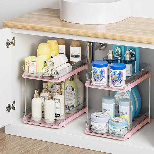 Delamu 2-Tier Multi-Purpose Bathroom Under Sink Organizers and Storage, Stackable Kitchen Pantry Organization, Pull Out Medicine Cabinet Organizer with Movable Dividers, Pink, 2 Pack