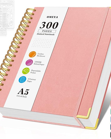 Bullet Dotted Journal Spiral Notebook, 300 Pages Leather Notebooks with Contens, 120 GSM Thick No Bleed Through Paper Journals, A5 Dot Grid Notebook for Women Men School Work Writing, 5.5" x 8", Pink